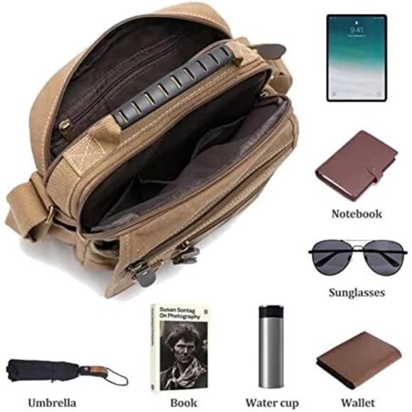 Mens Canvas Shoulder Bag Small Messenger Crossbody Work Bag Vintage Travel Bag - Picture 6 of 7